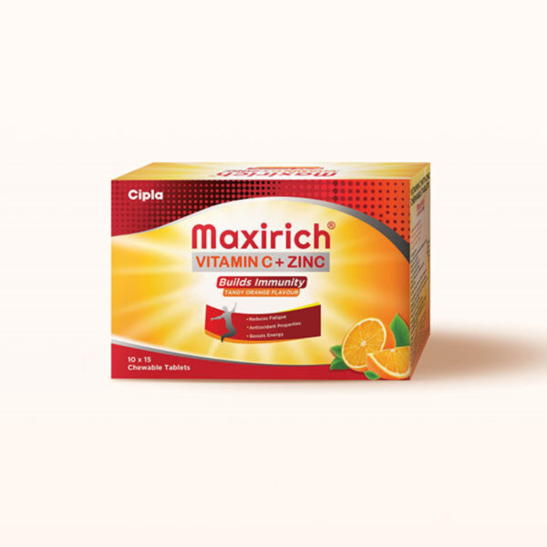 Cipla Maxirich Vitamin C + Zinc Chewable Tablets, 15tabs